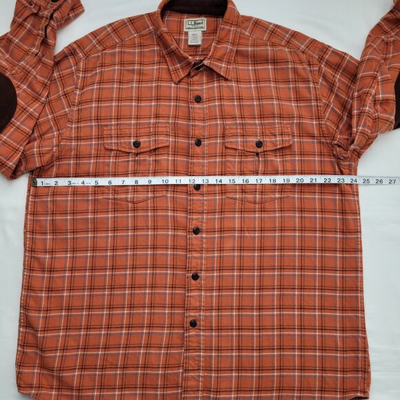 L.L. Bean Mens Plaid Flannel Shirt Orange Brown Elbow Patches Large Outdoorsman - Picture 6 of 9
